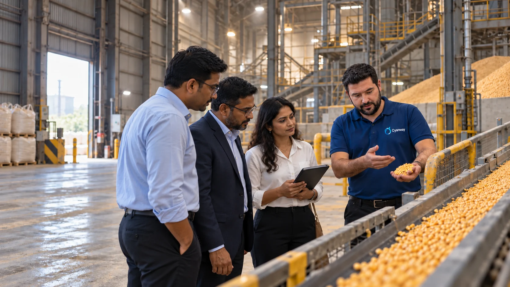 Cyanway representative showing soybeans from a conveyor line to Indian buyers at a South American grain processing warehouse