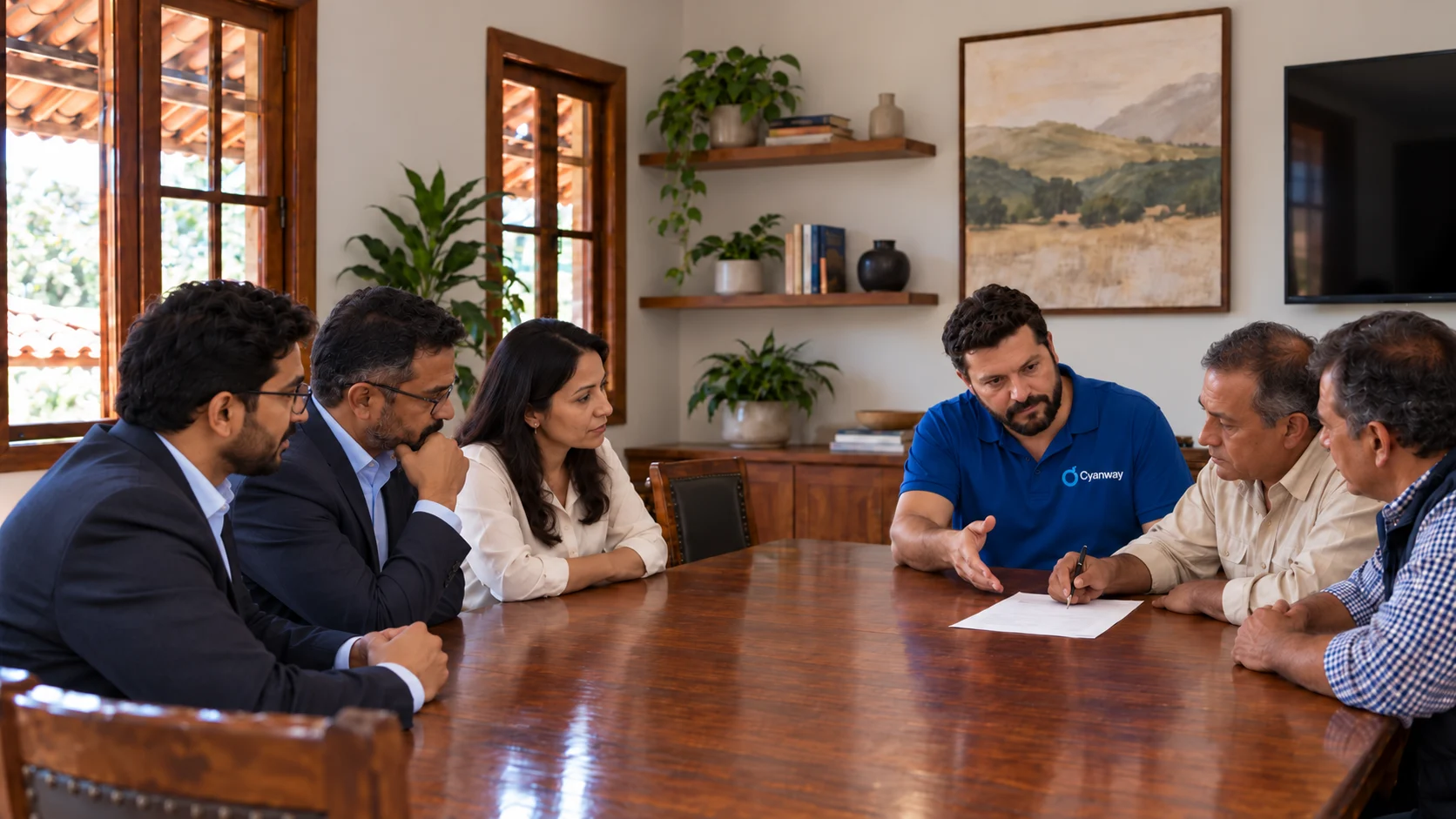 Cyanway representative mediating a meeting between Indian buyers and South American producers at a farmhouse table