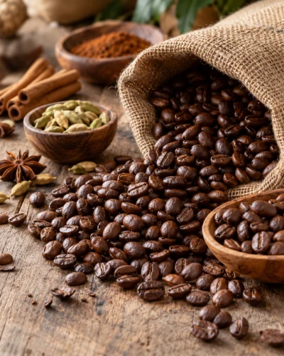 Roasted coffee beans spilling from a burlap sack with cinnamon, cardamom and star anise