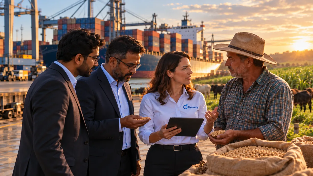 Cyanway team member reviewing soybean samples on a tablet with Indian buyers and a South American producer, between a container port and farmland at sunset