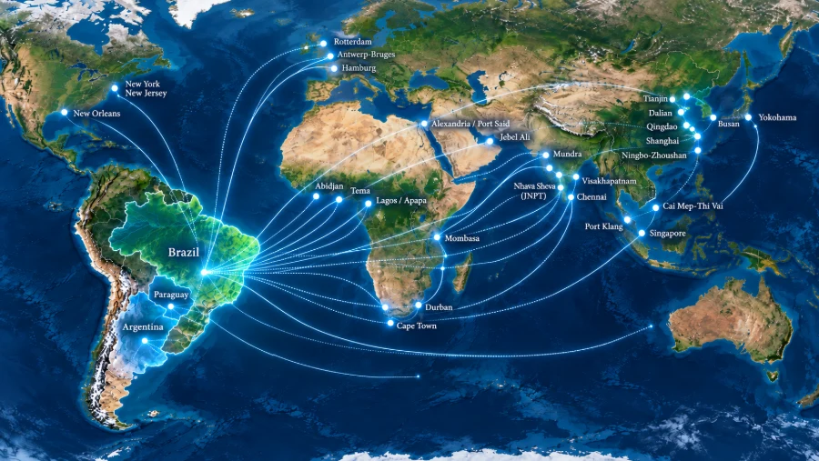 Map highlighting Cyanway sourcing origins in Brazil, Paraguay and Argentina, with shipping routes worldwide