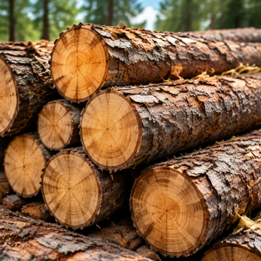 Stacked roundwood logs with bark at a forest yard